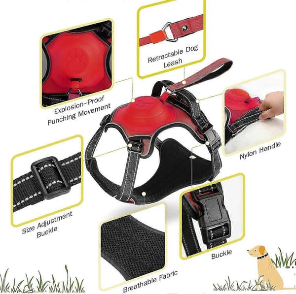 Hundsele för stora hundar, \"No Pull\" hundsele, infällbart hundkoppel RÖD RED