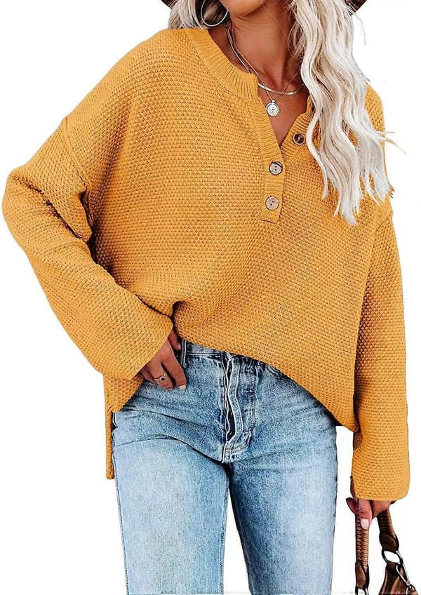 Damknäppt V-ringad Långärmad Tröja Våffelvirkad Pullover för Höst Vinter Gul 2XL Yellow XL