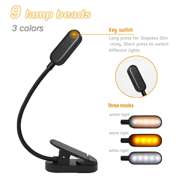 Sort Mini USB Opladnings Clip-on Læselampe