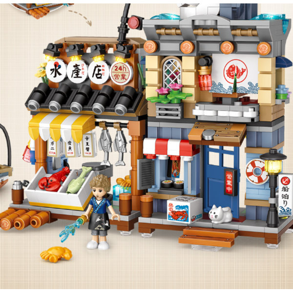 Fiskbutik i japansk stil Mini Street View Monterade Byggklossar Barnpresent (1231 Fiskbutik),