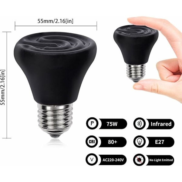 E27 75W Keramisk Varme Pære Hvid Keramisk Varmelampe 220-240V Infrarød Varmelampe til Kylling Reptil Skildpadde Hvalp Kanin Terrarium (2 stk)