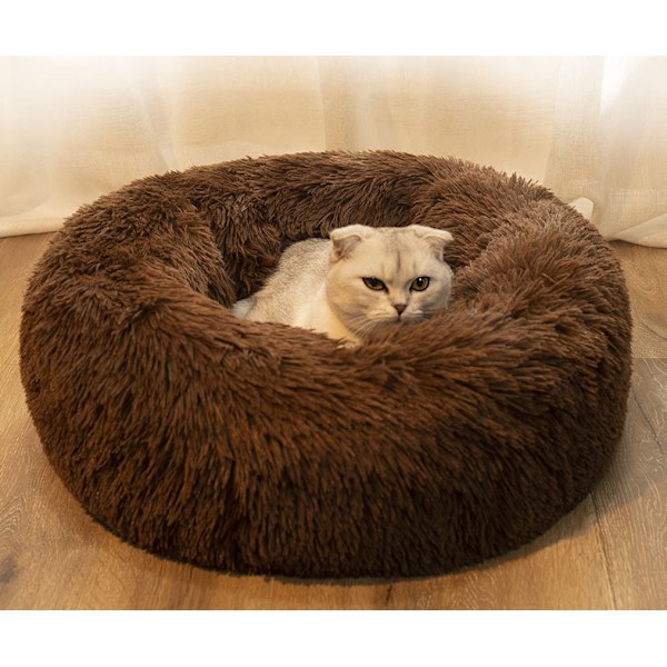Hundkoja, Kattkoja, Rund Plyschkoja, Hundsäng, Varm Vintermatta, Hundkudde, Husdjurstillbehör, Husdjurssäng (Diameter 60cm, Ljusbrun)