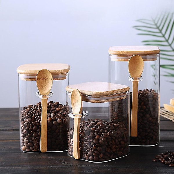 Förvaringsbehållare i japansk stil, fyrkantig, av glas med träsked, kryddbox, kaffebönbehållare, hushållsbehållare för mjölkpulver och te