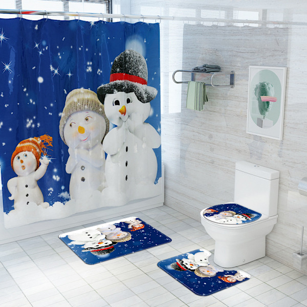 Jul Snögubbe Serie 3D Digitaltryck Vattentätt Duschdraperi Badmatta Toalett 4-Dels Set, A04,