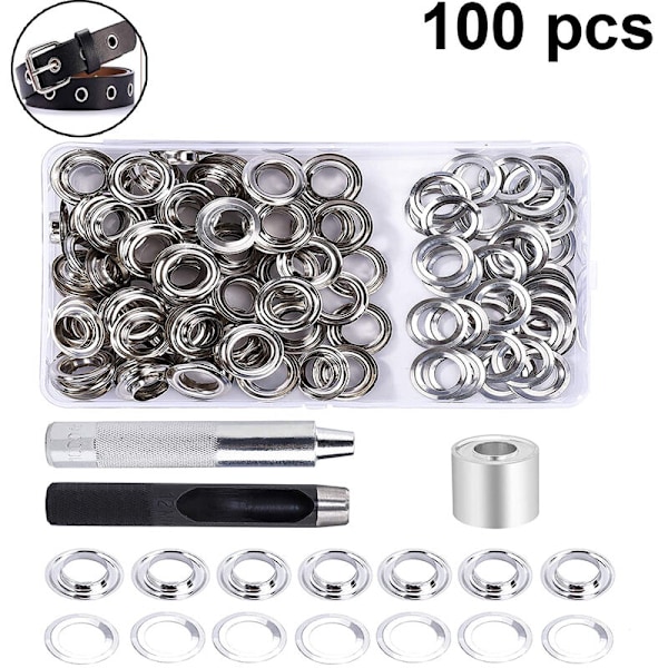 100 sarjaa sisähalkaisija 12mm + asennustyökalu ilmasilmäpussit tarvikkeet nauhat pressu metallisolki 12mm hopea ilmasilmä 100 sarjaa musta lyönti laatikossa
