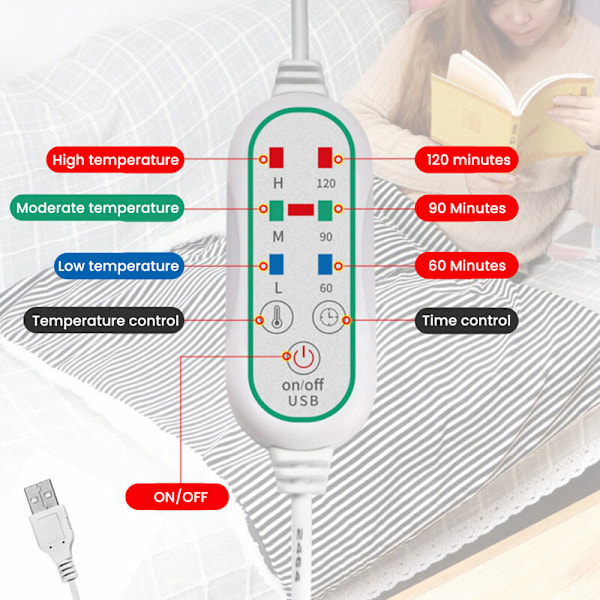 Elektrisk Varmetæppe 140 x 80 cm USB 5v med Justerbar Timer Hudvenlig Varme, Rødternet Mink Velvet