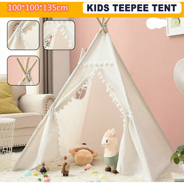 Tipi Tält Matta Canvas Baby Tält Hopfällbart Barnlektält Vit 1.35m