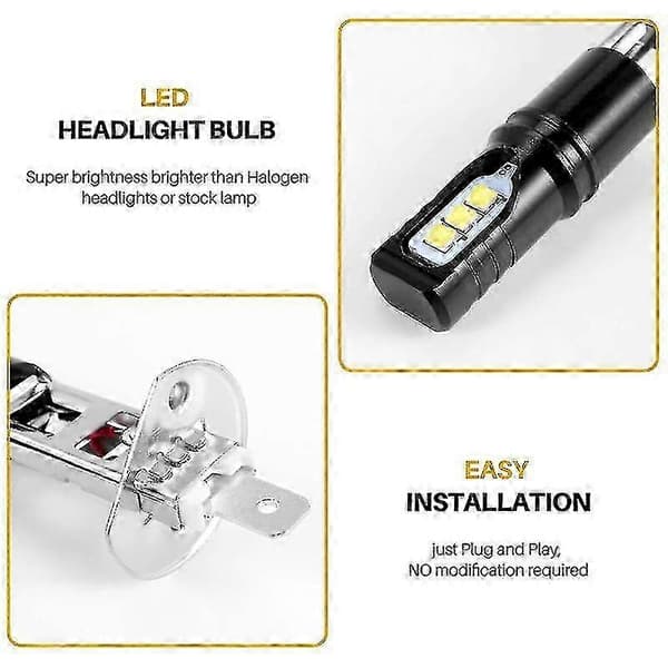 2x H1 LED-strålkastarlampor 6000K Vit 6000LM Helljusersättning