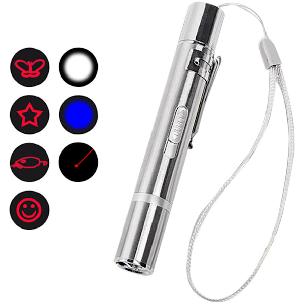 7 i 1 Multifunktionell Portabel Katt Laserpekare USB med Snodd