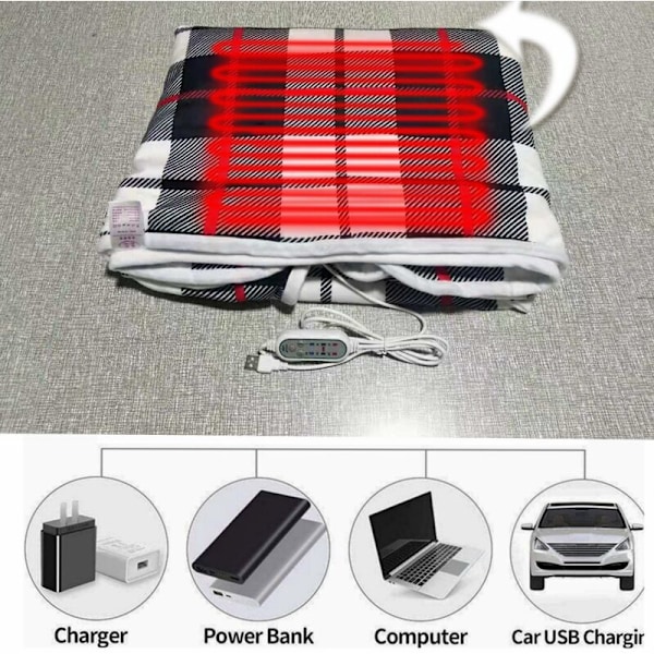 Elektrisk Varmetæppe 140 x 80 cm USB 5v med Justerbar Timer Hudvenlig Varme, Rødternet Mink Velvet