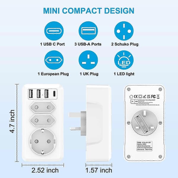 7-i-1 Reseadapter med 3 USB & USB-C - Dubai Malaysia Irland Plug Adapter (Typ G)
