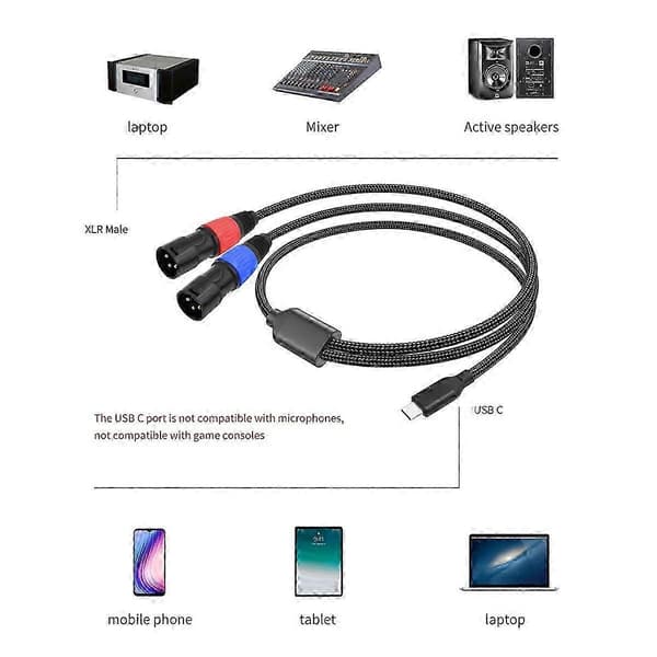 USB C til XLR han lydkabel til live lyd og sceneoptrædener 200 cm 200cm