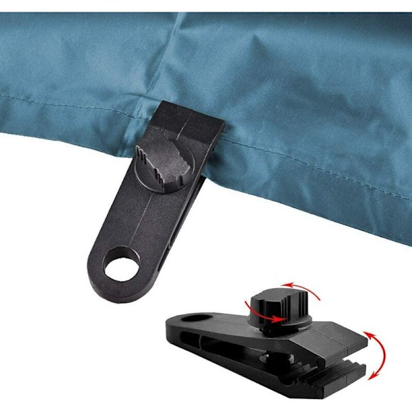 Plastikclips til regnslag 10 teltclips + 10 sorte reb + 10 sorte D-formede
