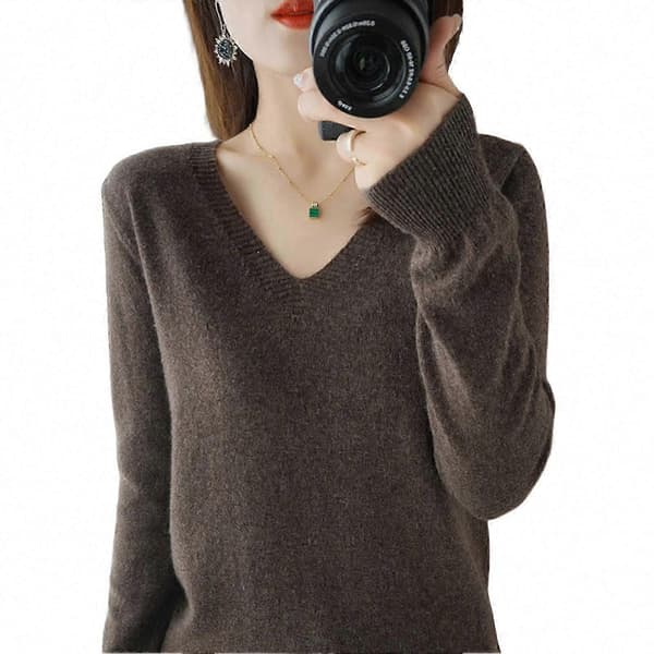 Dame V-Hals Strikket Pullover Sweater Langærmet Uldtrøjer Mørk Kaffe Dark Coffee