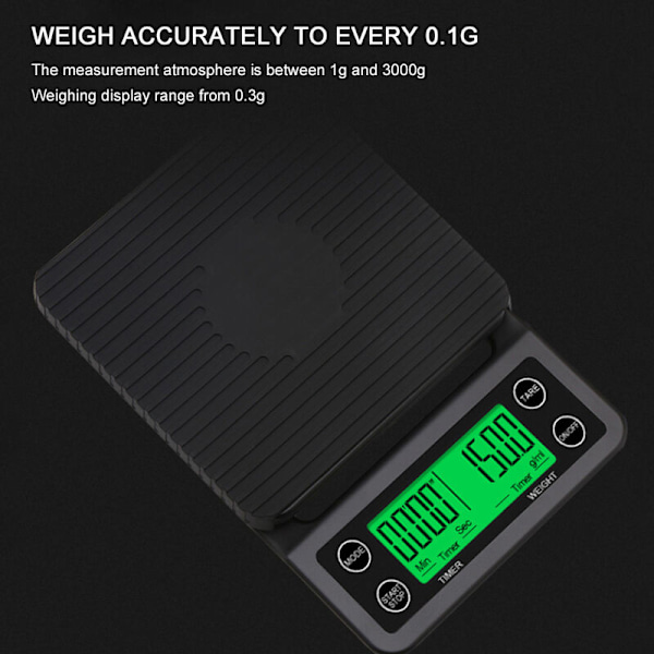 Elektronisk våg med timer, elektronisk kaffevåg (svart 0,1-3 kg)