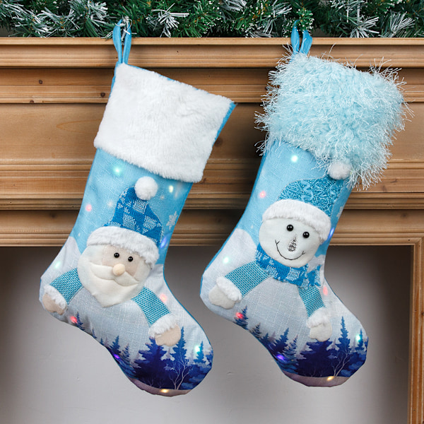 Julstrumpor med Ljus, Blå Gammal Man Snögubbe Broderi, Stor Självlysande Presentpåse Julklappsstrumpor (Jultomte Stil A)