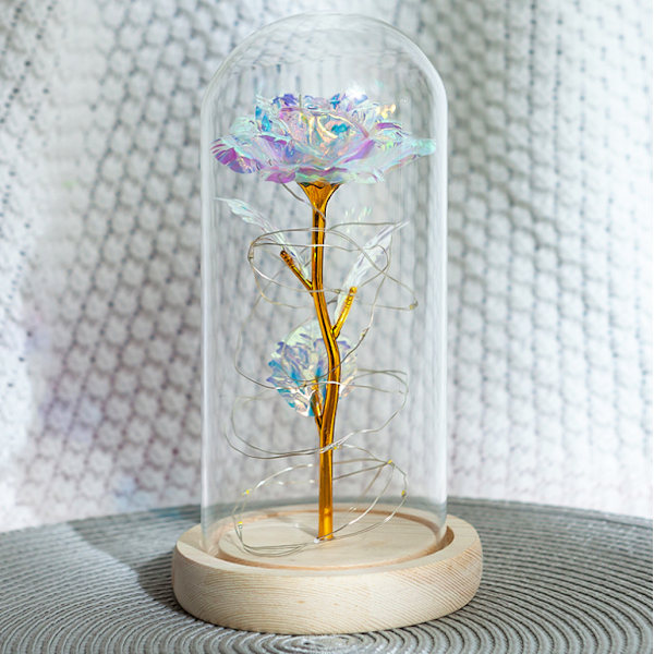 Stabiliserad blomma glaskupa, ros glaskupa, LED-ljus Alla hjärtans dag och julklapp (roséguldfärg + varm lampa + träbas),