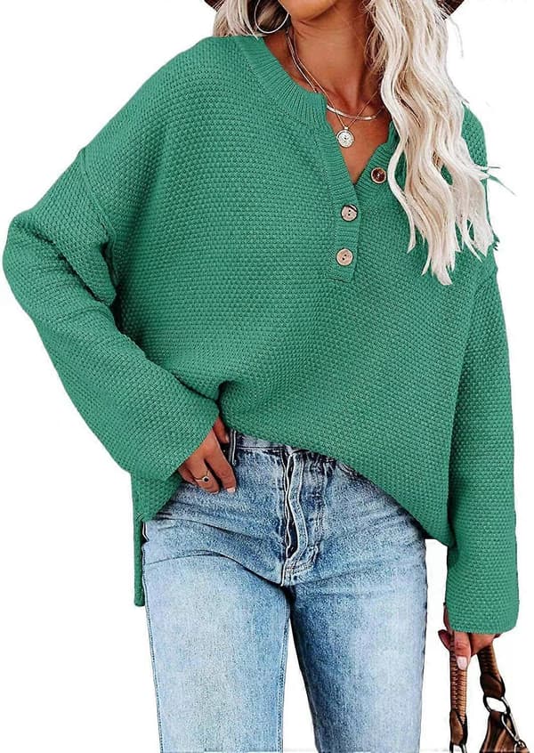 Dame Knap V-Hals Langærmet Sweater Vaffelstrikket Pullover til Efterår Vinter Grøn 2XL Green L