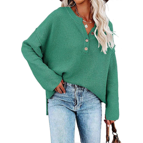 Damknäppt V-ringad Långärmad Tröja Våffelstickad Pullover för Höst Vinter Grön 2XL Green L