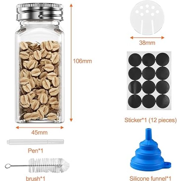 Set med 24 kryddburkar, 120 ml kryddburk, glas kryddburk med skruvlock, med etikett, tratt, penna,