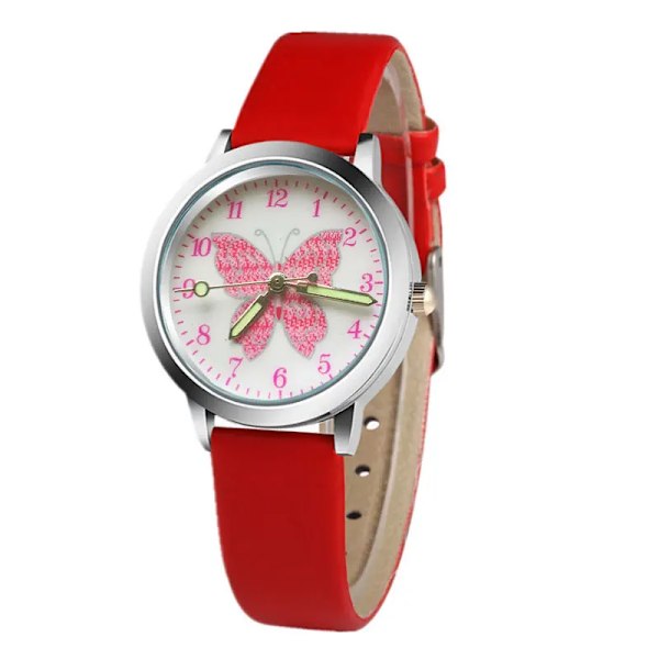 Cute Pink Butterfly Cartoon Watch, Leather Watch with Luminous Hands, Birthday Gift for Boys and Girls (Red)