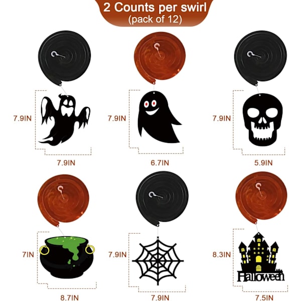 Halloween-koristeet riippuvina pyörteinä - 12 kpl riippuvaa Halloween-kattovirtaa - Suurikokoinen haamu, kurpitsa, noidat pyörteissä