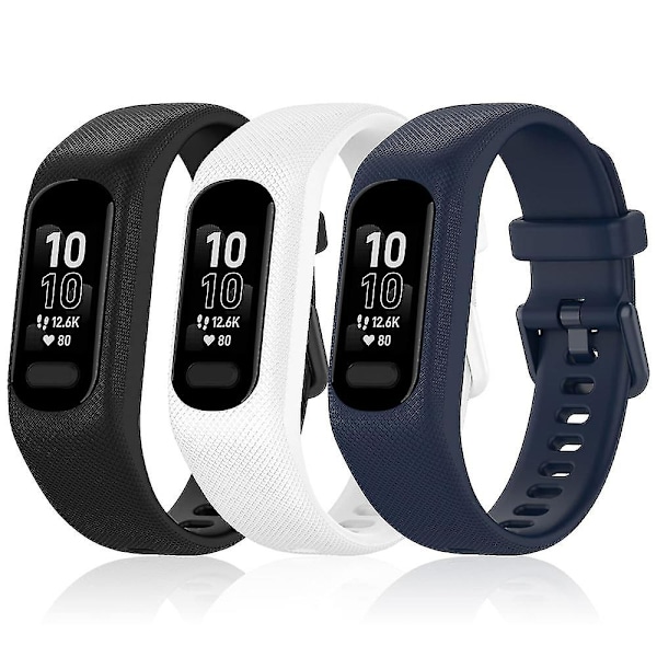 3 stk myke silikonstropper for Garmin Vivosmart 5 stropper erstatning sports fargerik stropp for Vivosmart 5 armbånd Black-White-Blue
