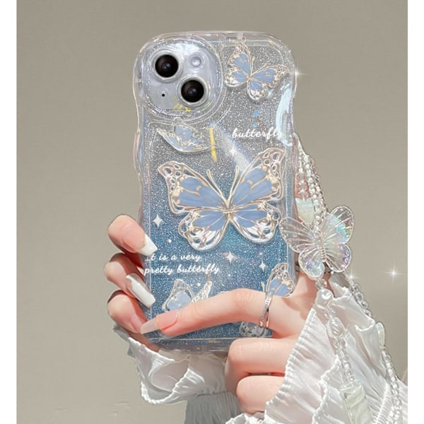 Kompatibel med iPhone til kvinder/piger, Sød Butterfly Glitter Bling med Armbånd Anti-Ridse Stødsikker Etui til iPhone, Blå med Armbånd Blå Blue iPhone 14