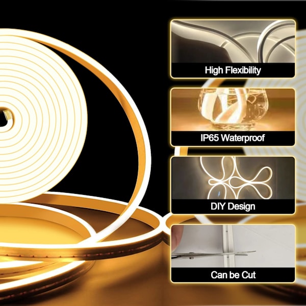 Neon LED-strip varmvit, 5m 12V DC, flexibel neonrepsbelysning vattentät IP65, neon LED-lampor
