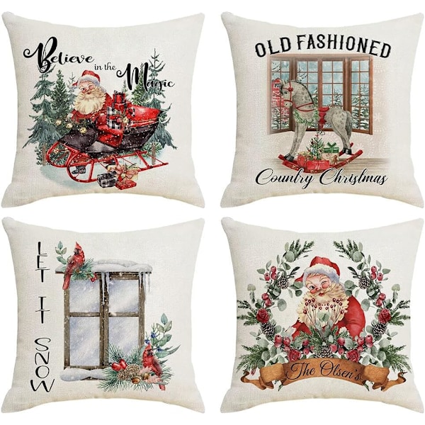 Jul Kuddfodral 18 x 18 Tum Set om 4 Jul Kuddfodral Julgran Snöscen Lastbil Tomte Tryck Jul Dekorativ Kudde