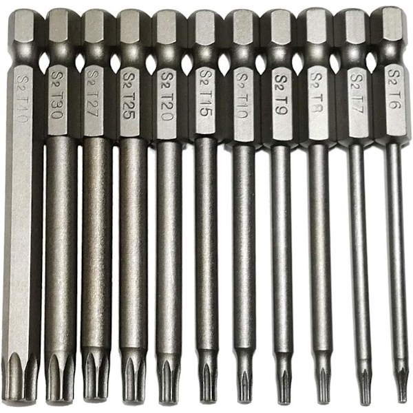 Sikkerhed Torx Bits 11stk 1/4 Tommer Hex Nøgle T6 T7 T8 T9 T10 T15 T20 T25 T27 T30 T40 3 Tommer Længde S2 Stål Skruetrækker Boremaskine Bit Sæt (11stk 75mm)