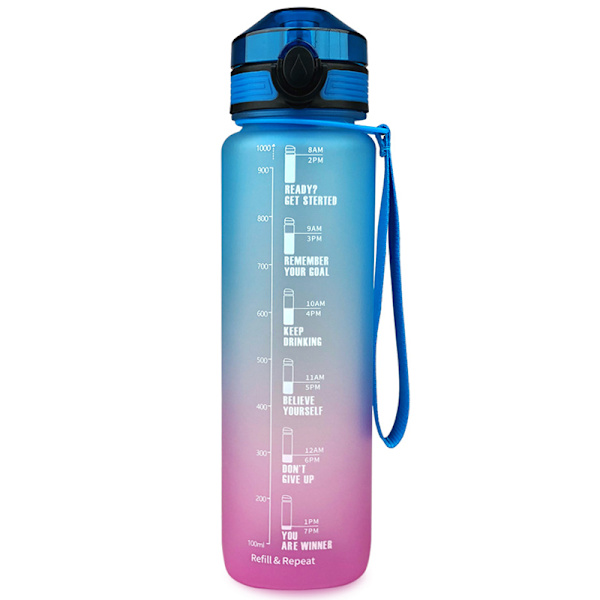 1 Liter Stor Vandflaske med Tidsmarkering Vandflaske Flip Låg Sportsflaske Lilla-Blå Blue-Pink