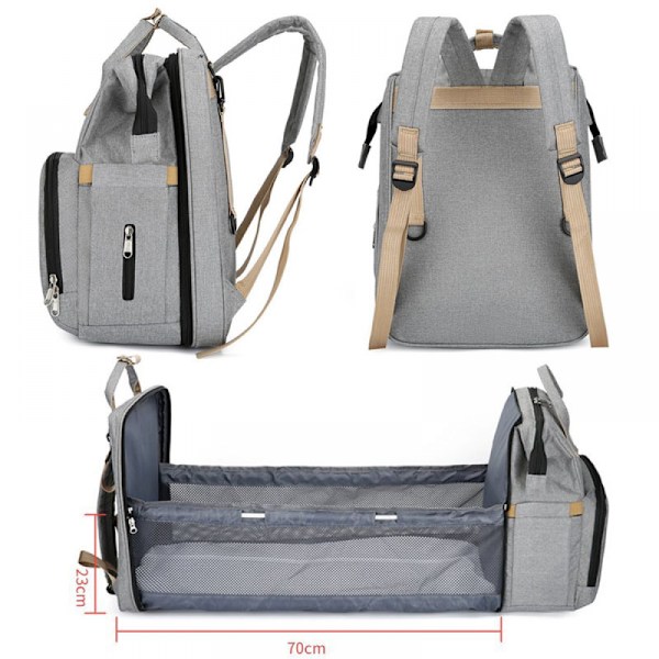 Bleiepose Rygsæk Bleiepose Bleiepose med USB Opladningsport Bærbar Foldbar Seng med Bleiepude og Barnevognsstropper til Mor og Far light grey