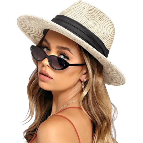 Damer Straw Panama Hat Fedora Strand Solhatt Bred Brätte Straw Rullbar Hatt UPF 50+ 1 stk Panama Straw Hat: Ivory Whit Pc Panama Straw Hat: Ivory White One Size