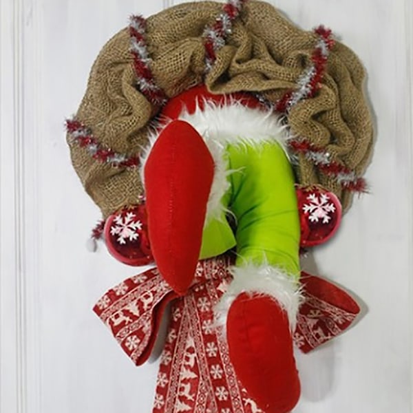 Clevoers Grinch Julekrans Dørkrans Juledekorasjon Krans Juletrepynt Grinch Stoffet Elfenben i Julekrans for