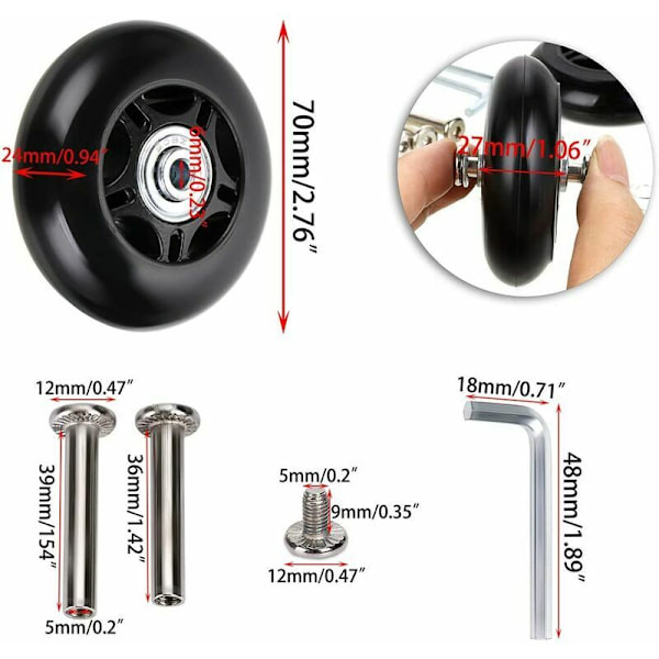 2 st resväskor ersättningshjul med kullager för resväskereparation 7024mm svart