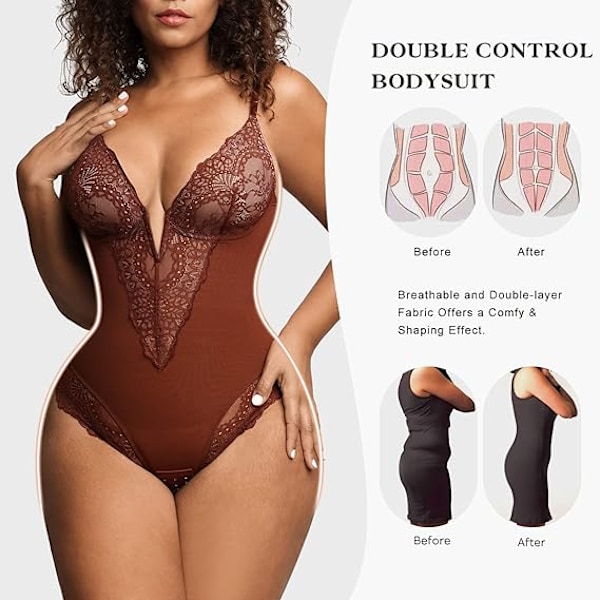 Popilush Lace Shapewear Body for Women - V-hals Tummy Body Suit med snøring - Brun Brown 2XL
