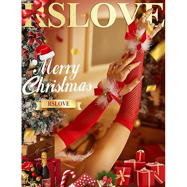 Julehansker for kvinner - Sexy Santa Fingerless Fiskenett-hansker med bjeller og sløyfer - Rød juleundertøy-kostymetilbehør