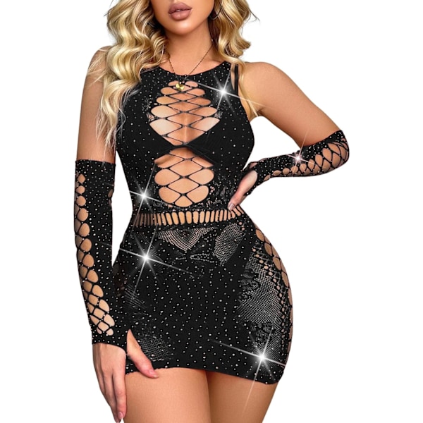 a Lust Sexy Sparkly Rhinestone Bodysuit - Rave Exotic Mesh Outfits Fishnet Club Dancewear Jumpsuit Cutout Romper for Women Black One Size