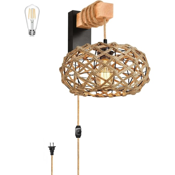 IC Plug in Wall Sconces Rattan Boho Decor Wall Lamp Light Woven Wicker Wall Lamp with Plug in Cord Dimmable Hanging Lights that Plug into the Wall