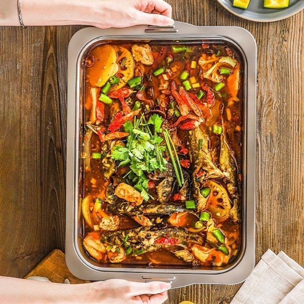 Rustfrit madbakke i rustfrit stål med håndtag - Holdbar madopbevaringsbakke til hjemmekøkkenet Large Tray