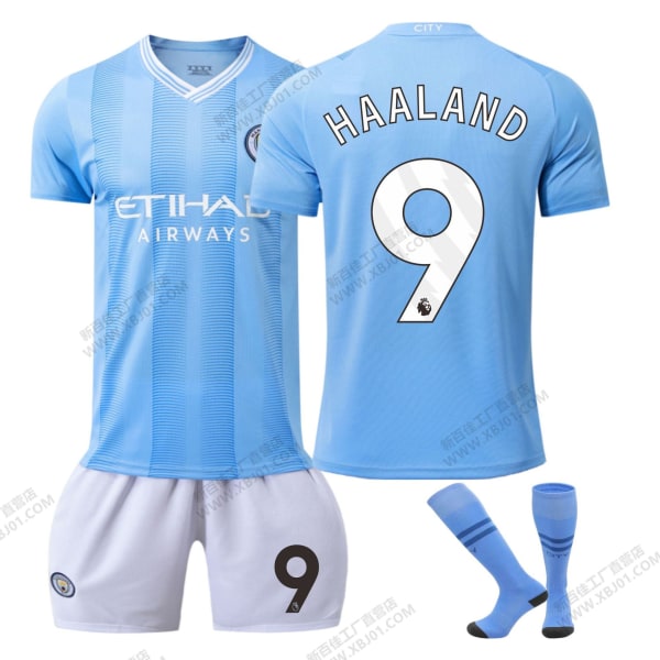 23-24 Manchester City hemma nr 9 Haaland 17 De Bruyne 10 Grealish fotbollsuniform korrekt version av bollkläderna Size 9 with socks XS