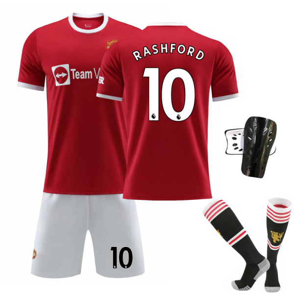 21-22 Nya Red Devils Hemma Nr. 7 Ronaldo Tröja Nr. 6 Pogba Fotbollströja Set Nr. 18 Stjärna med Originalstrumpor No. 10 with socks + protective gear 18#