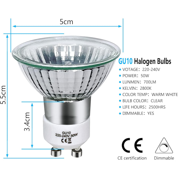 GU10 halogenlampe 50W dimmbar, 220V GU10 halogenlampe 2-polet, 2800K varm hvit lys, 700 lumen