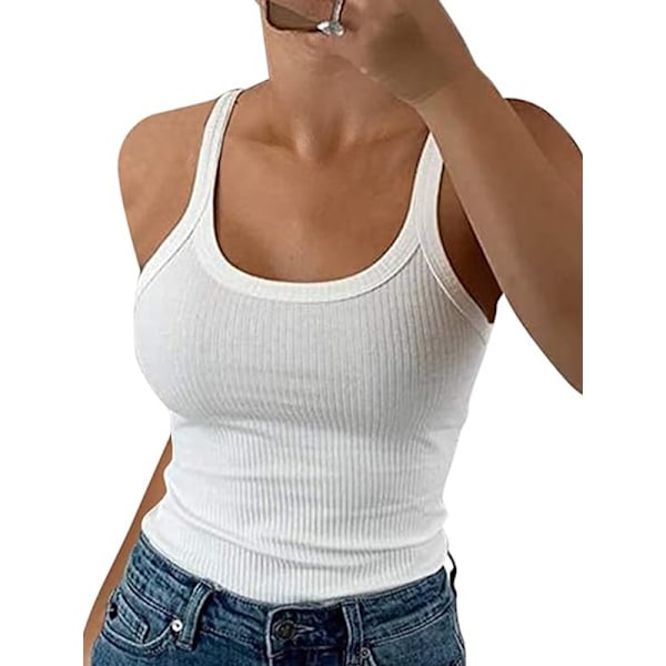 Dame Scoop Neck Ribbed Tanktoppe Træning Ærmeløs Cami Shirt Hvid White S