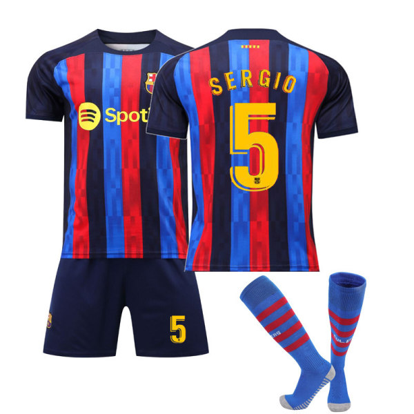 22-23 Barcelona tröja nr 10 Messi nr 21 De Jong kortärmad vuxna barn sport fotboll uniform lag uniform Barcelona Home No. 5 with Socks S