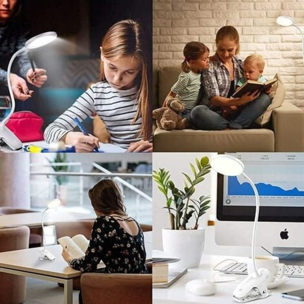LED-bordlampe, læselampe, 3 farver og 3 dæmpbare, 20 LED-klemmelampe 360° fleksibel, 2500 mAh klemlampe