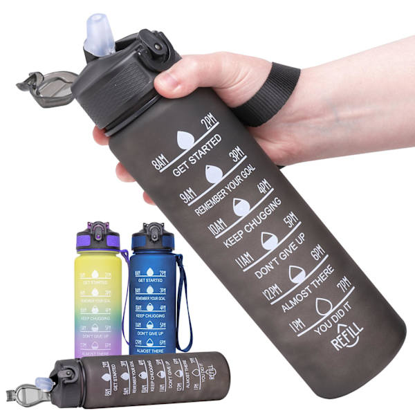 2-pakkauksessa - 1l vesipullo oljella ja aikamerkinnällä - Valitse väri! 2-Pack Black