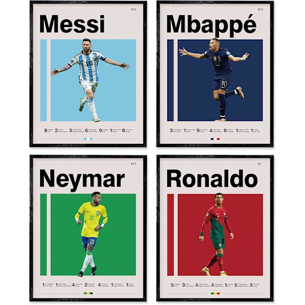 Jalkapallojulisteet Kangasprintit Kehystämättömät 4 kpl:n setti - Messi, Ronaldo, Mbape ja Neymar Kuuluisat jalkapallotähdet Juliste Urheilukoriste Seinätaide