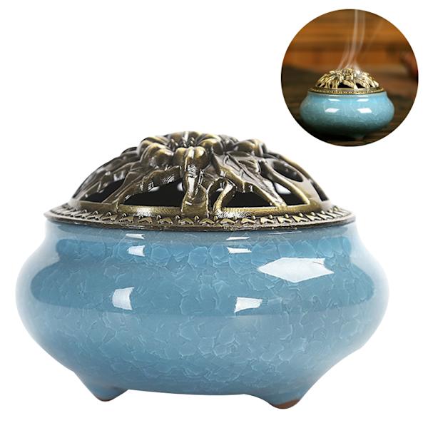 Keramisk røgelsesbrænder, kobberlåg, Buddha, antik legeringskabel, sandeltræ røgelse, røgelse, røgelse, is revnet ovnændring